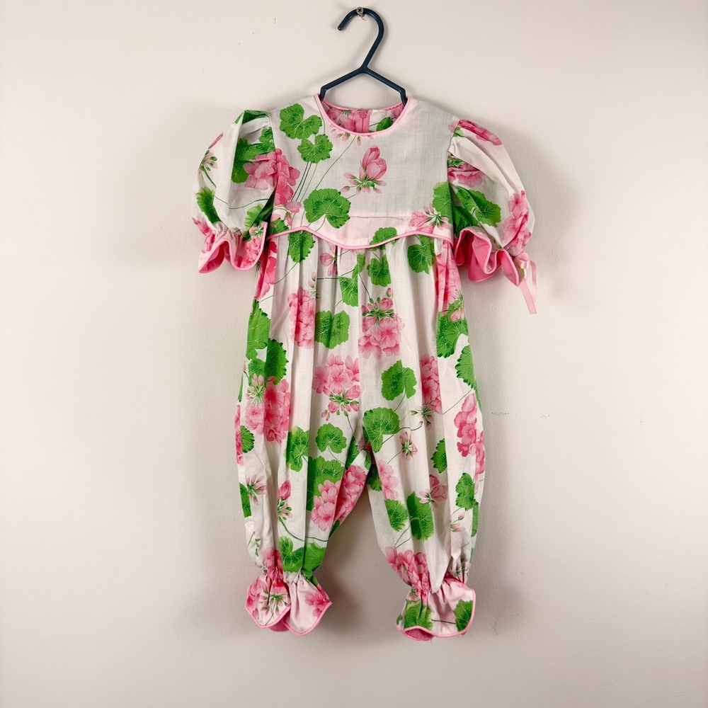 VTG Ma Poupee Baby Girls Floral Romper Pink Geranium Puff Sleeve 6M Canada AS IS